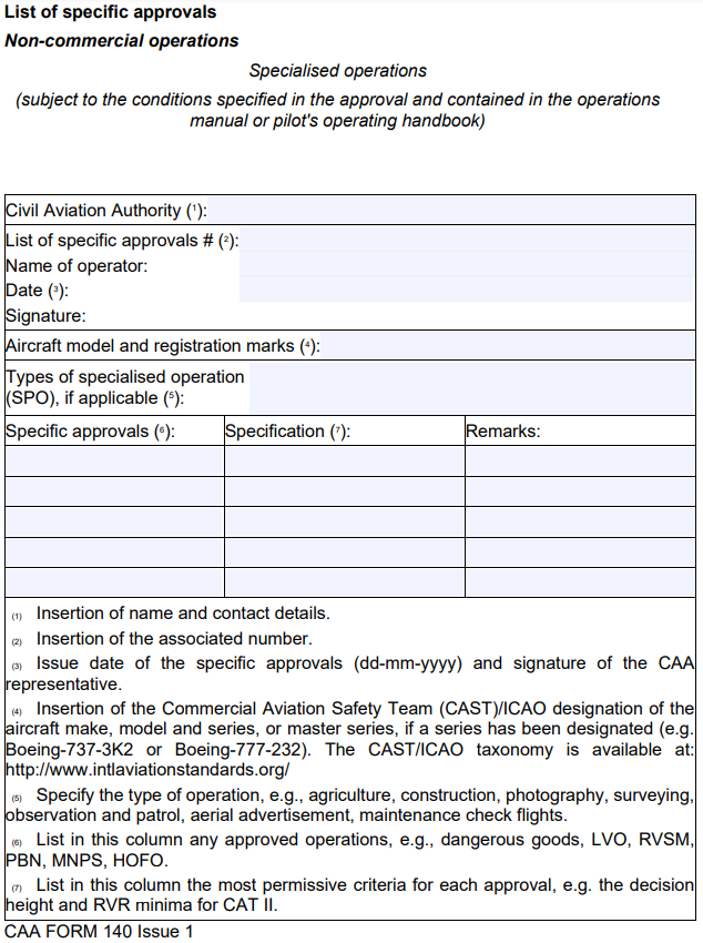 Image of CAA Form 140, which lists specific approvals for specialised operations